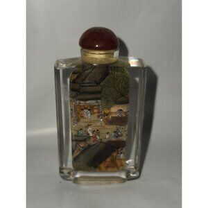 Hand-Painted Asian Scene Glass Snuff Bottle With Red Cap